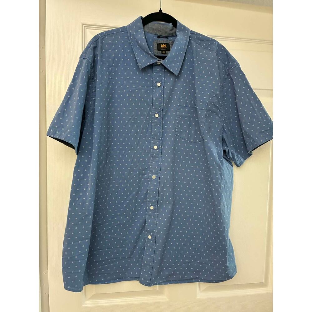 Lee Men’s 3XL Blue Polka Dot Button Down Shirt Short Sleeve Cotton Regular Fit